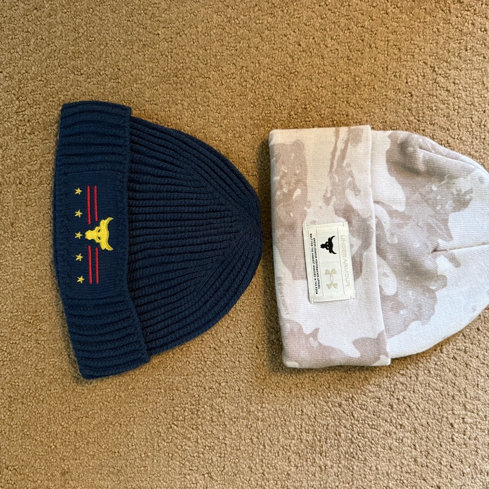Under Armour Project Rock Winter Blue and Cream Knit Hats New